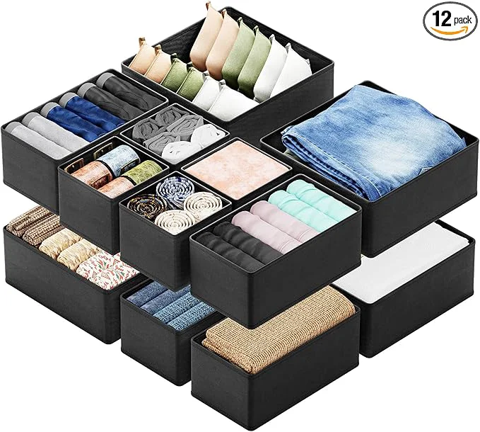 Eco-Friendly SpaceAid Drawer Organizer Clothes 12 Pack Dresser Organizer Bins for Nursery Closet Organization and Storage Dividers for Clothing Baby Clothes Underwears Socks Black About ThisOverview Carefully Designed