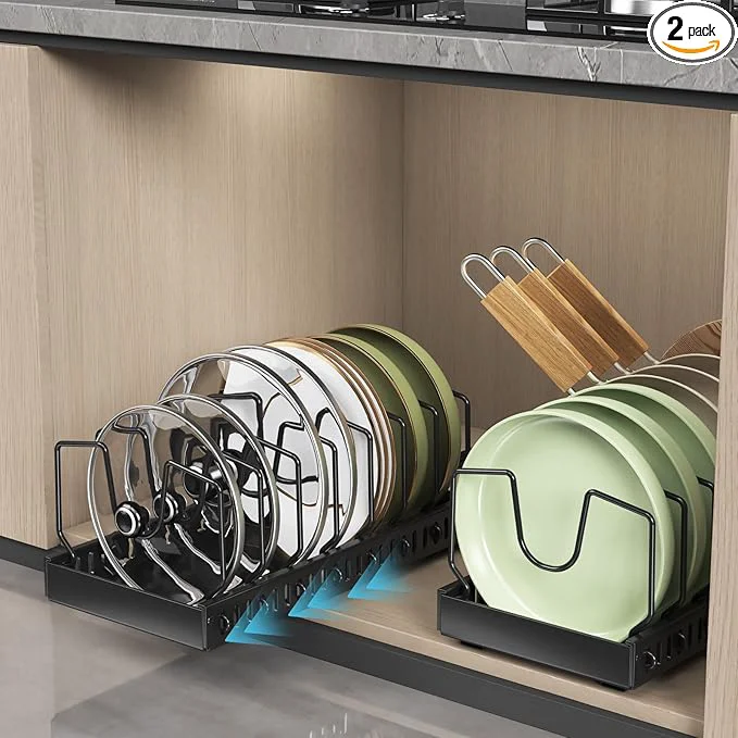Outstanding 2PCS Black Pot Lid Organizer Pull-out Pots and Pans Organizer Under Cabinet Pot Lid Holder for Kitchen Sliding type Pots and Pans Storage with 16 Adjustable Dividers for Cabinet Pantry CountertopAbout ThisOverview Natural