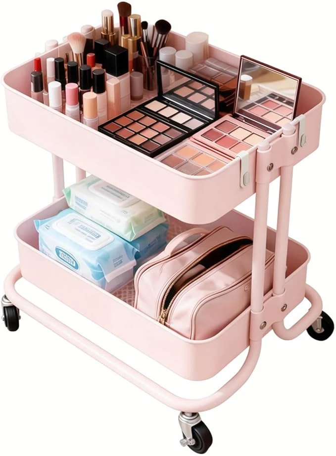 World-Class 2 Tier Rolling Cart with Wheels for Under Desk Storage Pink Small Rolling Pantry Storage Cart for Small Space Metal Short Utility Shelf for Vanity Kitchen Bathrrom Laundry OrganizationAbout ThisOverview Exclusive