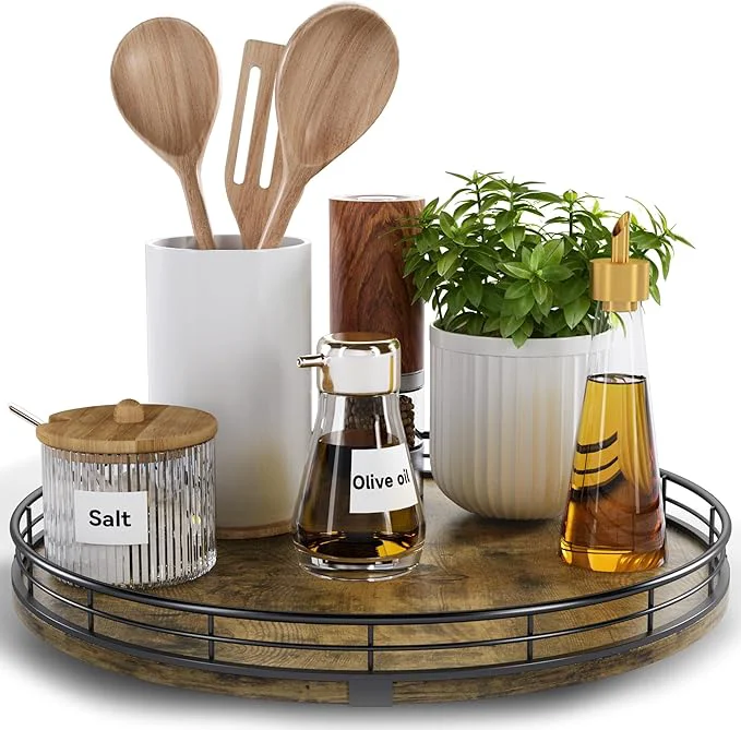 Sophisticated Lazy Susan Turntable Organizer for Table Top 12 Round Wooden Lazy Susan for Cabinet Kitchen Countertop Pantry Dining Coffee Table for Condiments Spices Rustic Bathroom Vanity Tray for Soap CandleAbout ThisOverview Next-Generation