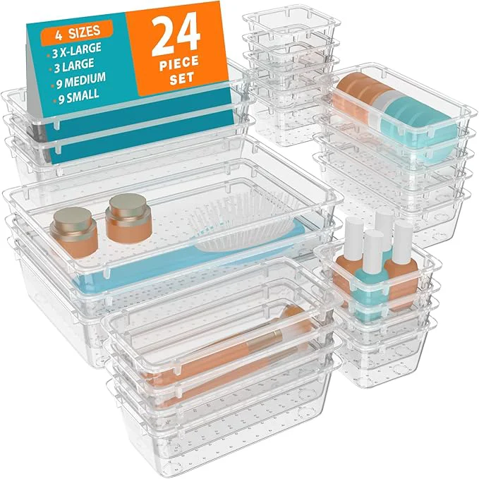 Versatile WOWBOX 24 PCS Clear Plastic Drawer Organizer Set 4 Sizes Desk Drawer Organization and Storage Containers for Makeup Cosmetics Jewelry and Gadgets in Kitchen Bathroom Bedroom Office ClearAbout ThisOverview Solid