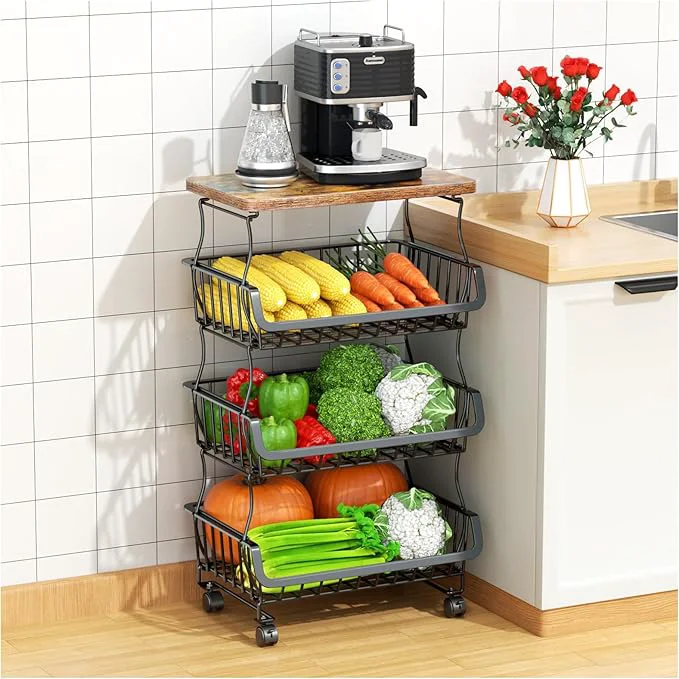 Specialty Fruit Vegetable Basket for Kitchen 4 Tier Stackable Fruit Vegetable Storage Baskets with Wheels Metal Wire Storage Basket Organizer Baskets for Kitchen Pantry BathroomAbout ThisOverview Modern
