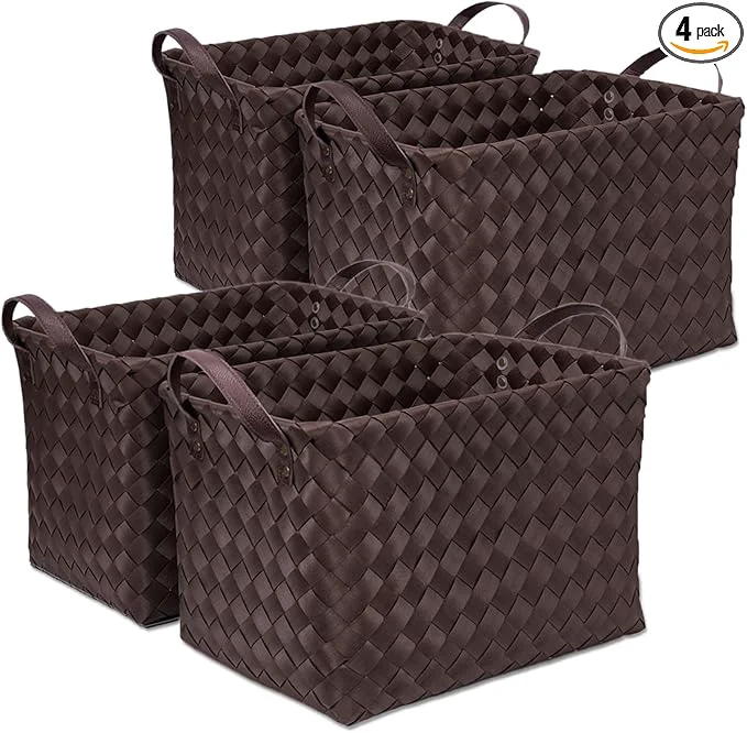 Top-Quality Handwoven Clothes Basket Laundry Hampers Large Wicker Storage Baskets for Shelves Blankets Closet Storage Bins Car Bedroom Bathroom Organizers and Storage Bath Pack of 4 Espresso color About ThisOverview Prestigious