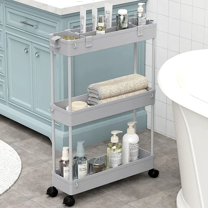 Convenient SPACELEAD Slim Storage Cart 3 Tier Bathroom Organizer Rolling Utility Mobile Shelving Unit Slide Out for Office Kitchen Laundry Room Narrow Places GrayAbout ThisOverview Consistent