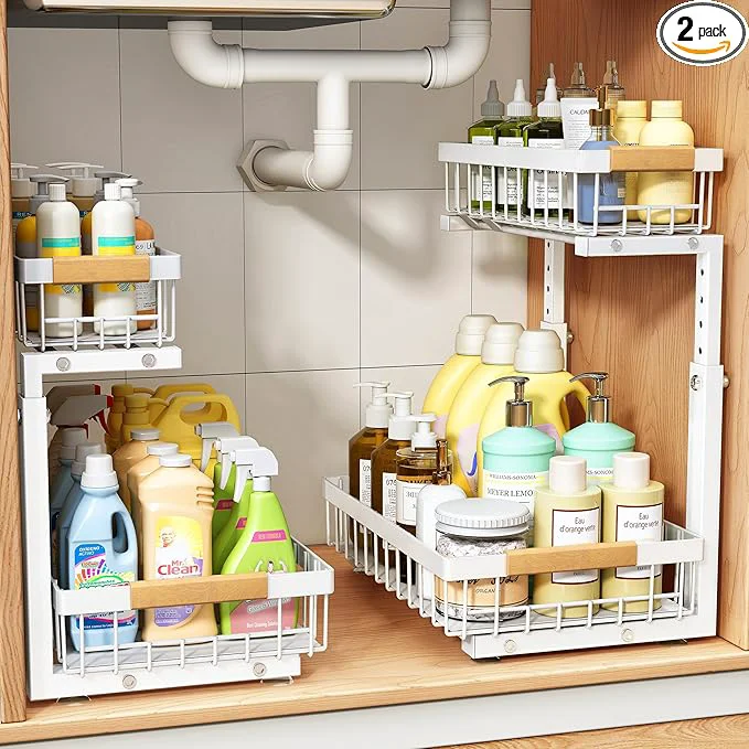 Stylish PXRACK Under Sink Organizer Adjustable Height 2 Tier Pull Out Under Cabinet Organizer Slide Out Thickened Metal Under Sink Storage for Kitchen Bathroom Laundry Pantry Cabinet White Small-2-PackAbout ThisOverview Easy-to-Use