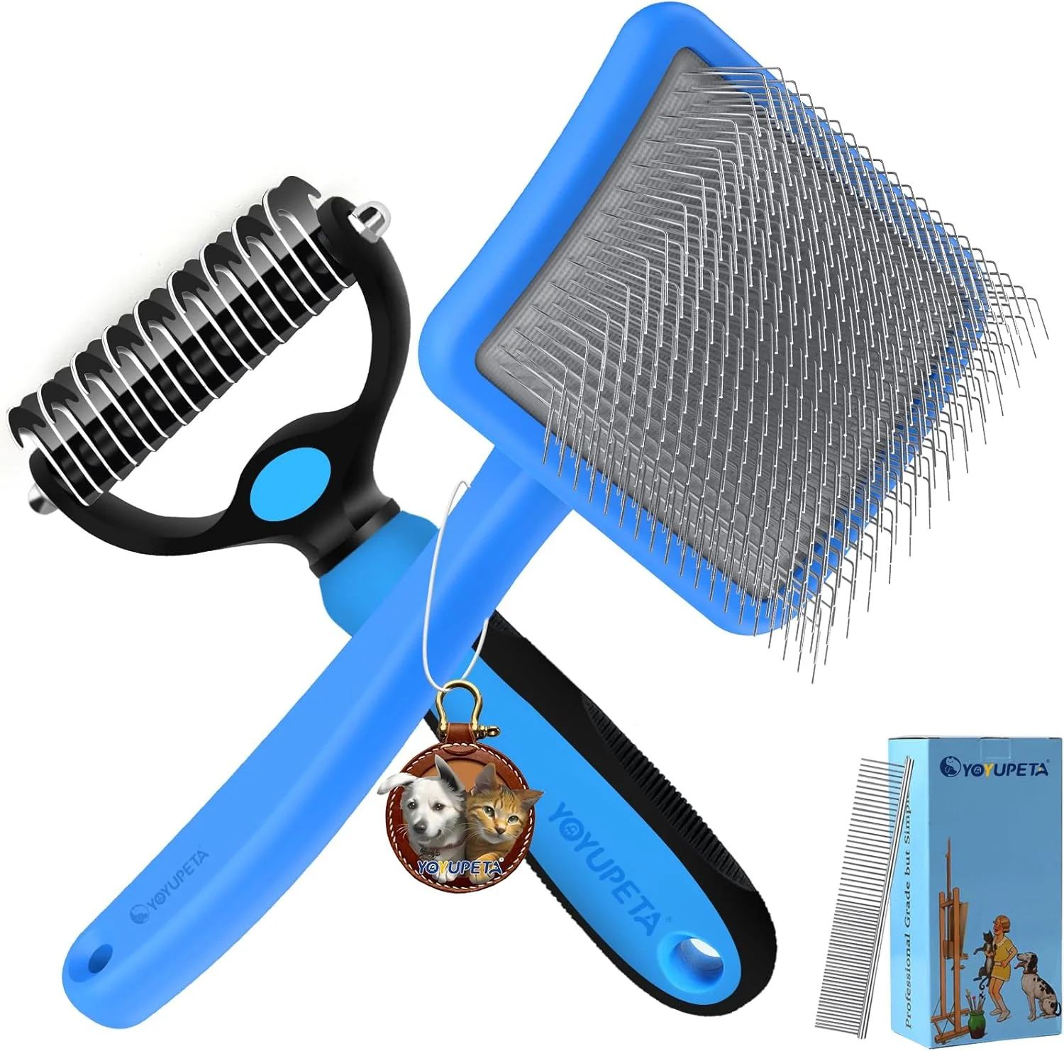 Outstanding Large Slicker Brush for Dogs – 3PC Pet Grooming Kit – Undercoat Rake Stainless Comb Long Pins Remove Mats on Poodles Golden Labradoodles Thick Coat Deshedder for Dogs Cats Blue User-Friendly