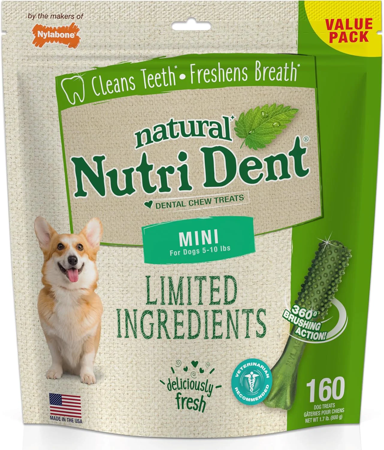 Elite Nylabone Nutri Dent Dog Dental Chews – Natural Dog Teeth Cleaning Breath Freshener – Dental Treats for Dogs – Fresh Breath Flavor Mini 160 Count High-Grade