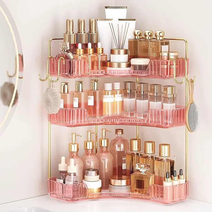 Recyclable Corner Bathroom Counter Organizer 3-Tier Bathroom Organizer Countertop with Hooks Perfume Organizers Storage Shelf for Makeup Skincare Dresser-PinkAbout ThisOverview Optimized