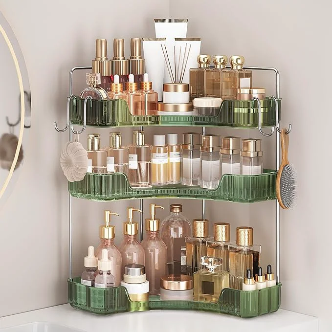 Fine 3-Tier Green Corner Organizer PET Counter Storage with Hooks Multi-Surface Organizer for Bathroom Vanity Kitchen CountertopAbout ThisOverview Official