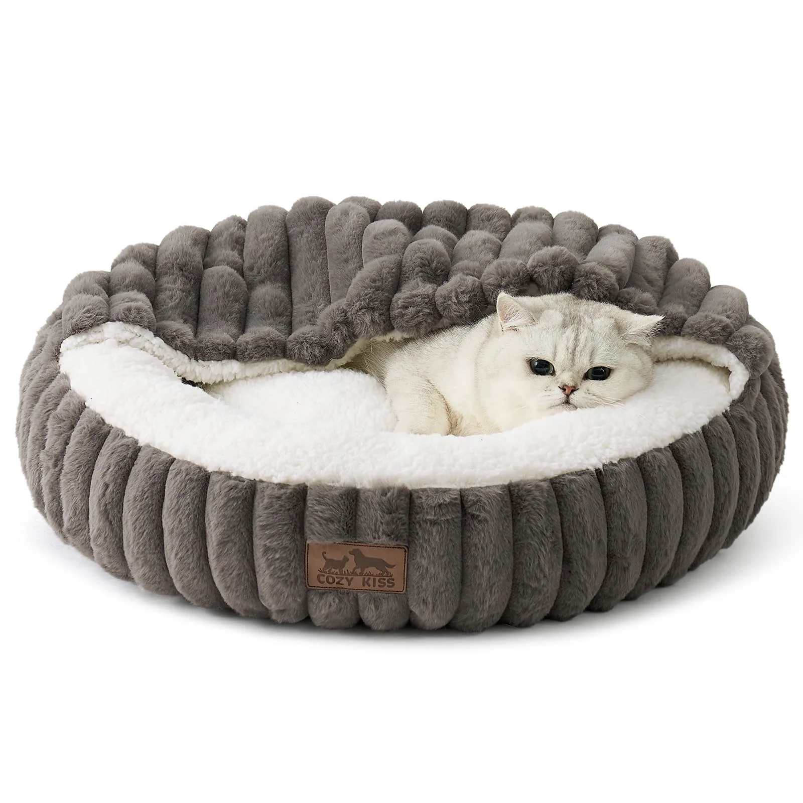 Sustainable COZY KISS Cat Bed with Hooded Blanket – Round Fluffy Donut Bed Grey Anti-Slip Machine Washable Fast