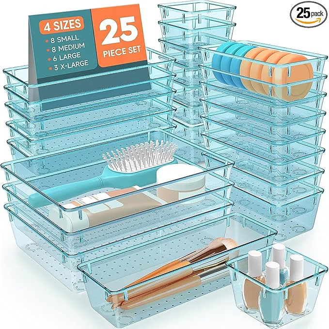 Lightweight 25 PCS Plastic Drawer Organizer Set 4-Size Versatile Organizer Trays storage Bins for Makeup Jewelry and Gadgets in Bathroom Bedroom and Office Sea BlueAbout ThisOverview Genuine