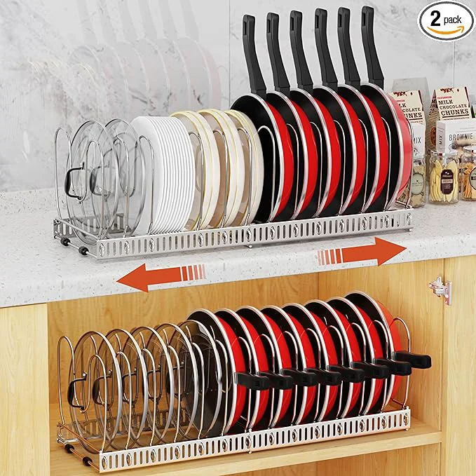 Professional Housolution 2 Pack Pot and Pan Organizer Rack 12 -23 Expandable Pot Lid Organizer with 14 Adjustable Dividers Pan Holder Storage Rack for Kitchen Cabinet SilverAbout ThisOverview Refined