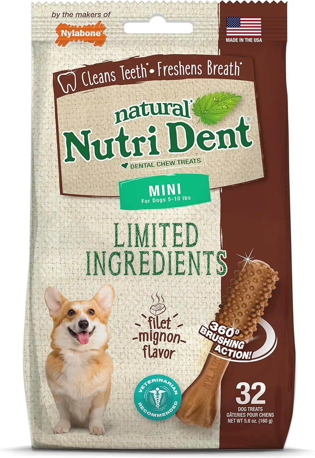 Lightweight Nylabone Nutri Dent Dog Dental Chews – Natural Dog Teeth Cleaning Breath Freshener – Dental Treats for Dogs – Filet Mignon Flavor Mini 32 Count Optimized