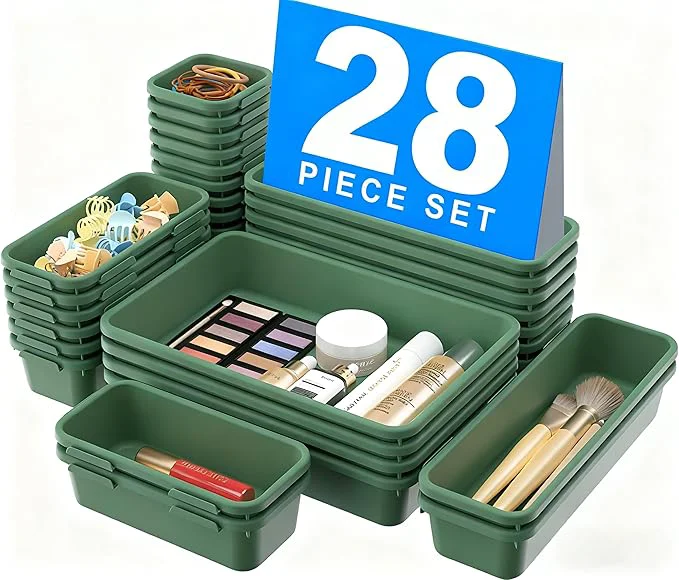 Authentic 【𝟮𝟴𝗣𝗖𝗦】 【𝟱𝗦𝗶𝘇𝗲】 ArmyGreen Drawer Organizer Makeup organizer 【Holds 177 Items】 Bathroom Organizers and Storage Plastic Desk Organizer Divider Organizer Bins for Office Vanity A-LUGEIAbout ThisOverview Classic