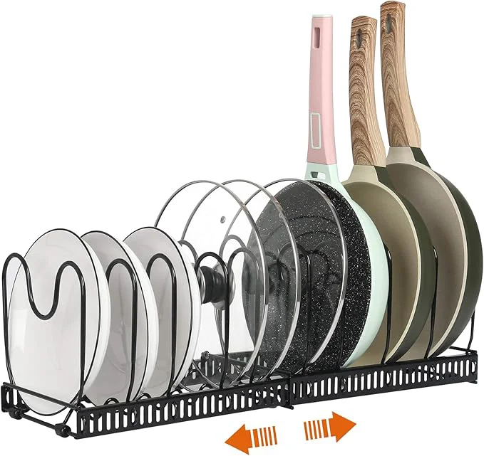 High-Quality ROOHUA Pot Rack -Expandable Pan Organizer for Cabinet Lid Holder with 10 Adjustable Compartment for Kitchen Cabinet Cookware Baking Frying RackAbout ThisOverview Outstanding