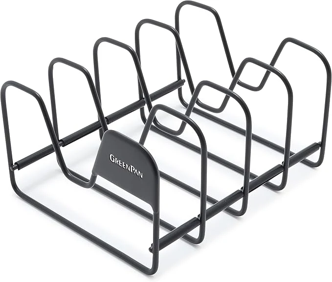 Smooth GreenPan Stainless Steel Wire Pots and Pans Lid Storage Rack Holds 4 Lid Covers Easy Storage Countertop or Cabinent Organizer Minimizes Clutter Fast Drying Wipes Clean BlackAbout ThisOverview Functional