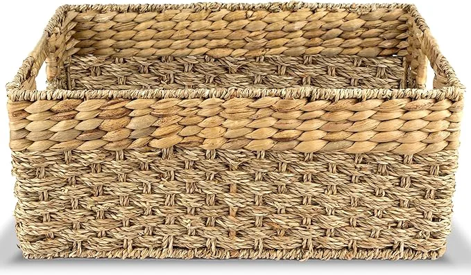 World-Class Large Wicker Storage Basket with handles Natural Woven Seagrass and Hyacinth Organizing Baskets for Shelves Pantry Living Room – Large Size – 17x11x7.5 inAbout ThisOverview Genuine
