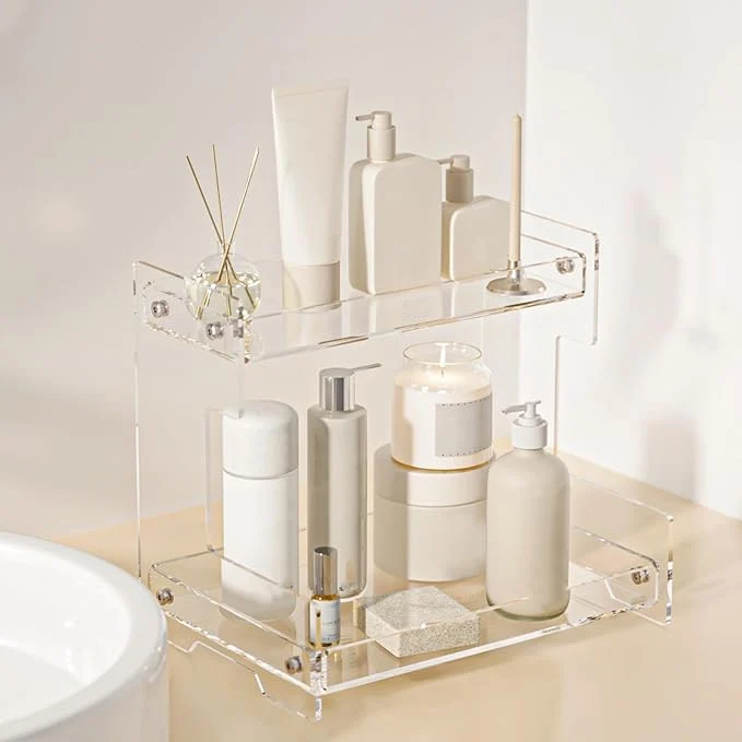 Powerful Bathroom Counter Organizer Countertop 2 Tier Storage Acrylic Corner Makeup Organizer for Perfume Stand Vanity Holder Dresser Tray Spice Rack Skincare Coffee Bar Room Decor Clear About ThisOverview Functional