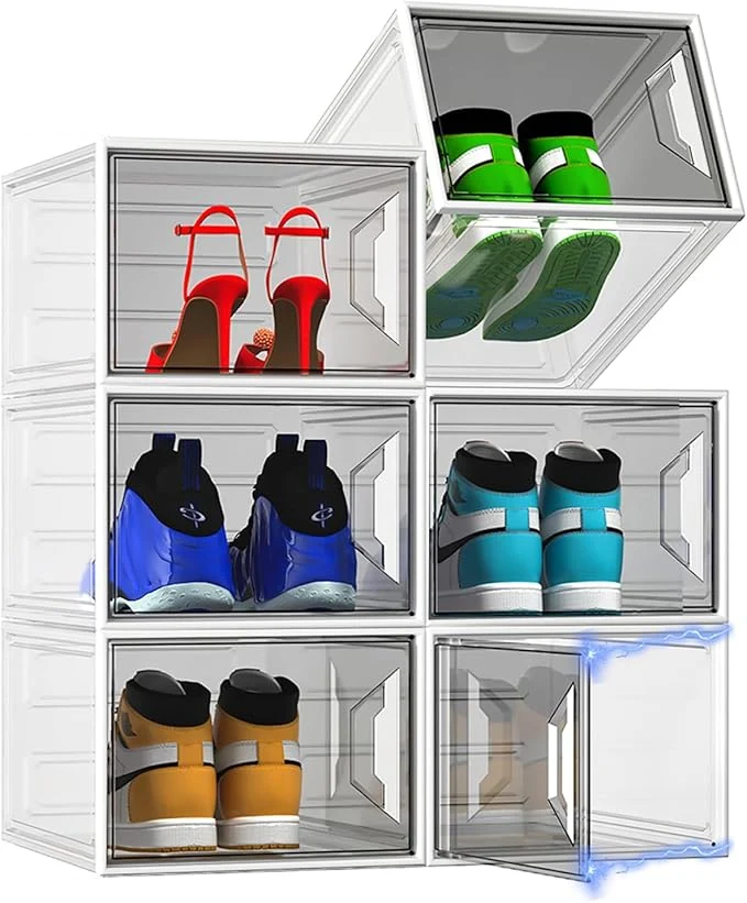 Original Design XL Large Stackable Shoe Boxes – Clear Plastic Shoe Storage Boxes with Magnetic Door Thicken Shoe Organizer for Closet Space Saving Foldable Shoe Containers Bins for Sneaker Boot – 6 Pack White About ThisOverview Powerful