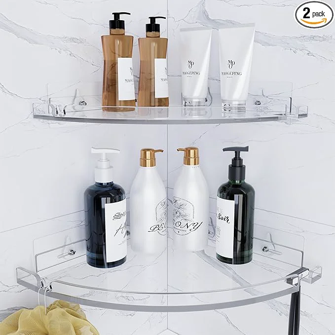 Optimized Acrylic Corner Shower Shelves Adhesive Shower Caddy Organizer for Bathroom Storage Home Decor Clear Rustproof No Drilling Wall Shelf 2-PackAbout ThisOverview Safe
