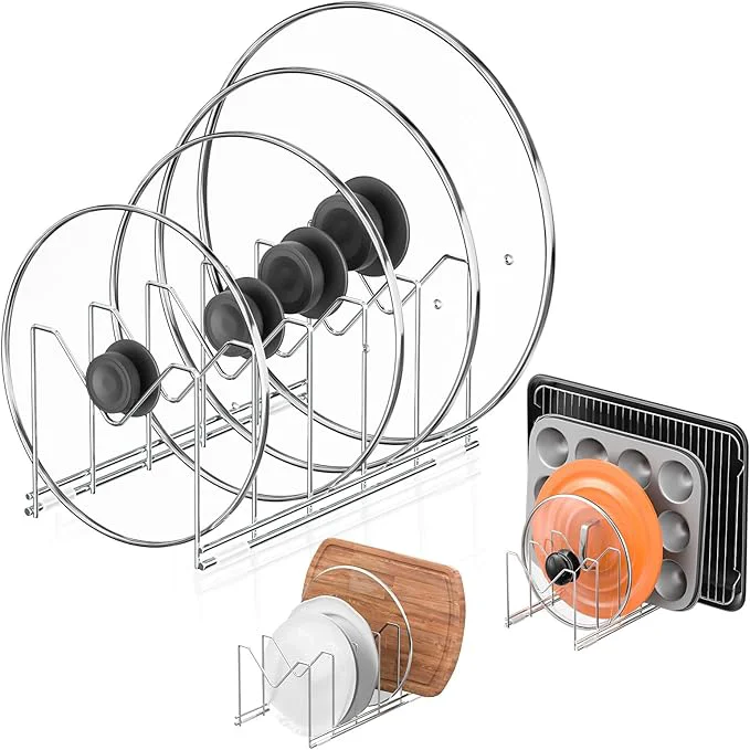 Excellent 3 Pack Pot Lid Organizer for Cabinet Stainless Steel Pot Lid Rack with Anti-slip Pad Lid Holder for Pans Pots Bakeware Plates Cookie Sheets Trays Dish Cutting Boards SilverAbout ThisOverview Trendy