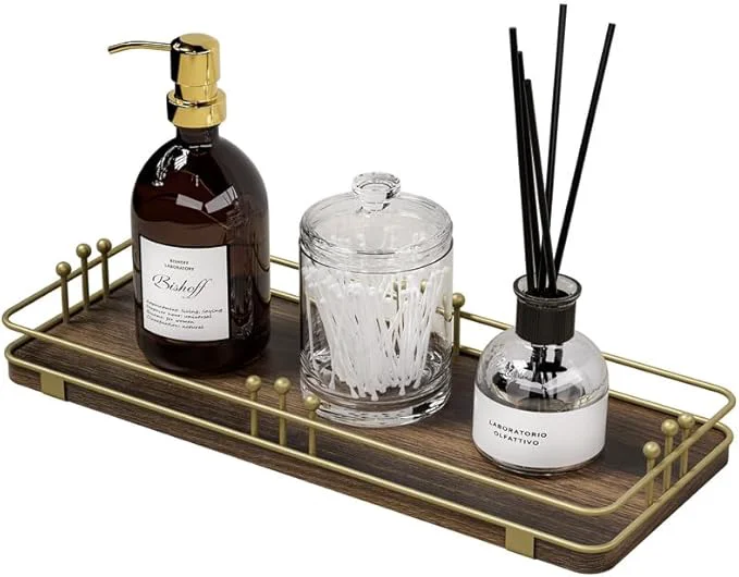 Natural Bathroom Vanity Tray for Countertop Toiletries Perfume Makeup Soap Dispenser Toilet Tank Kitchen Tray for Salt Spice Decor Tray for Candle Nightstand Coffee 11.3 x 4.4 Brown-GoldAbout ThisOverview Advanced