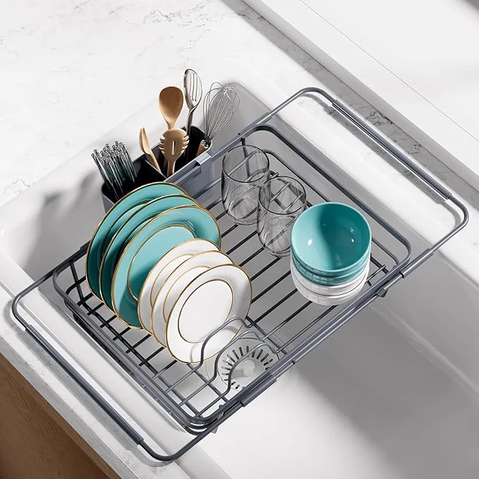 Excellent Extendable Dish Drying Rack Over Sink with Dish Drainer Sink Organization and Storage Essentials with Silverware Utensil Holder Home and Apartment Decor 12 W x 16.1 23 L SilverAbout ThisOverview Refined
