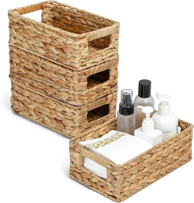 Artisan 4 Small 3.6 QT Water Hyacinth Wicker Baskets for Shelves 10 Long Woven Pantry Organizers and Storage Basket Decorative Ratten Shallow Rectangle Baskets for Organizing Countertop BathroomAbout ThisOverview Luxury