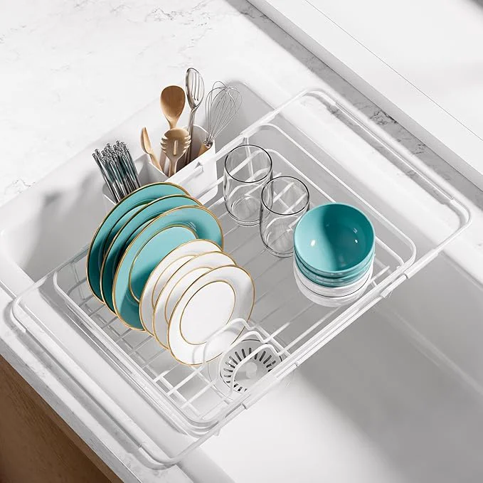 Expertly Made Extendable Dish Drying Rack Over Sink with Dish Drainer Sink Organization and Storage Essentials with Silverware Utensil Holder Home and Apartment Decor 12 W x 16.1 23 L WhiteAbout ThisOverview Outstanding
