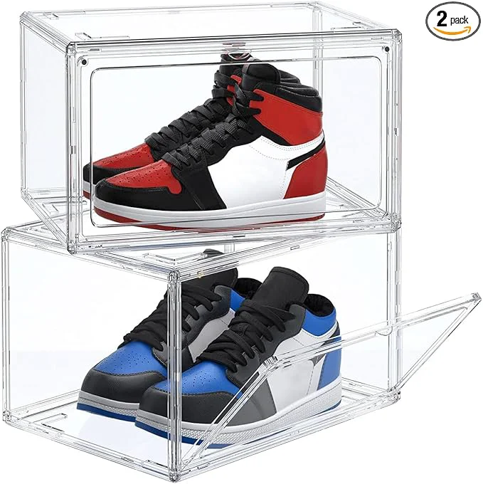 Original HIYOHIYO 2-Pack Acrylic Clear Stackable Shoe Boxes 360 Clear Acrylic Display Shoes Boxes Fully Transparent Display Box with Magnetic Door Clear Shoe Storage Boxes Stackable Size 14About ThisOverview Detailed