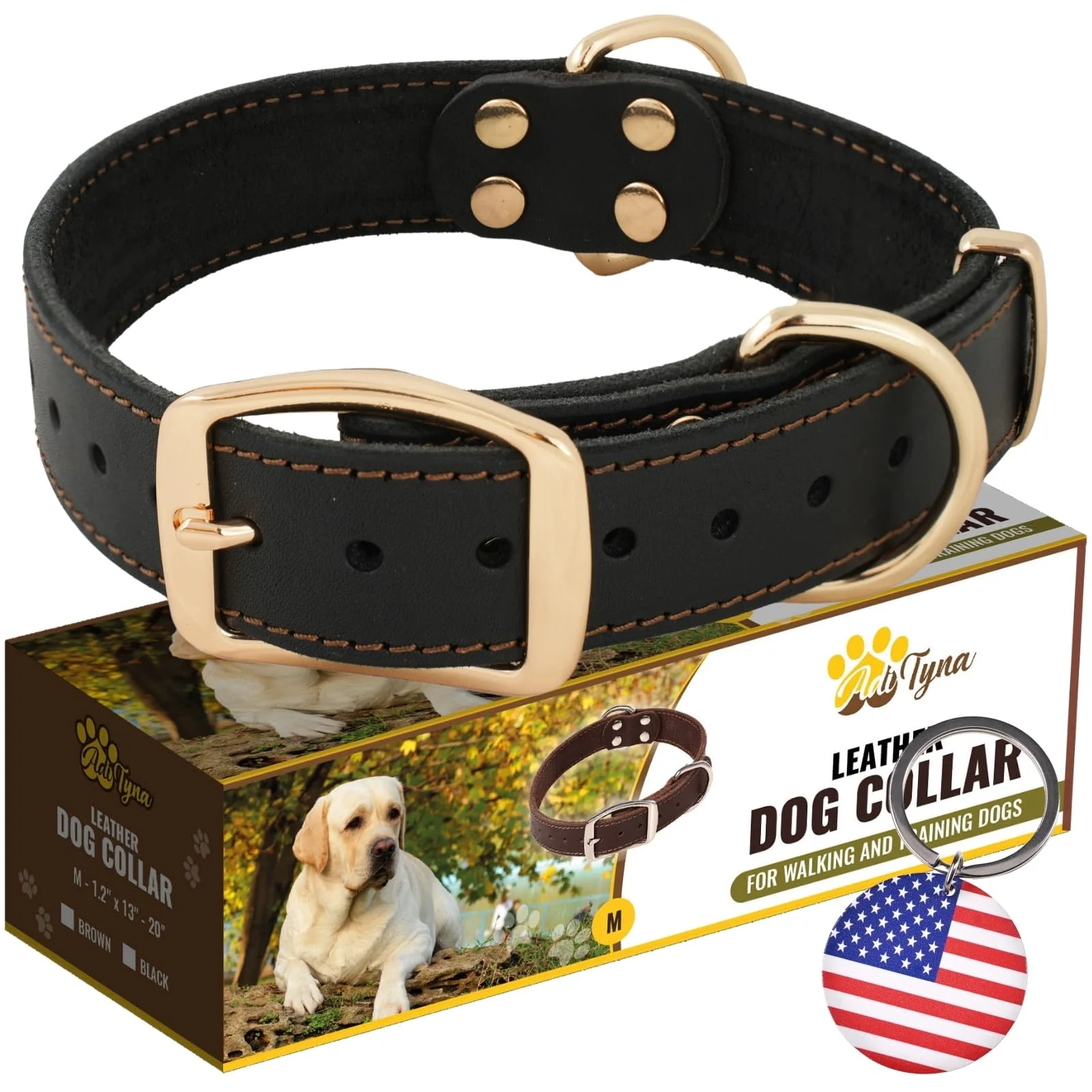 Solid ADITYNA Heavy Duty Leather Dog Collar for Medium Dogs – 13-20 in Neck 1.2 in Wide Dependable