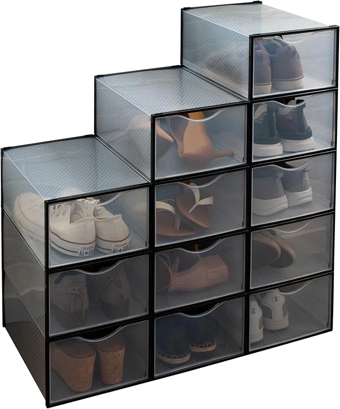 Casual Simplify Set of 12 Stackable Shoe Boxes Customizable Fits Size 11 Shoes Drop Front Design Closet Storage Sneakers Heels Clear and BlackAbout ThisOverview Top-Quality