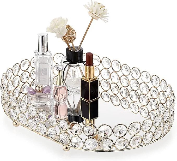 Premium Material Hipiwe Mirrored Crystal Vanity Makeup Tray Gold Ornate Jewelry Trinket Decorative Tray Cosmetic Perfume Display Organizer Tray Home Decor Tray for Dresser Bathroom 11.8 x 8 About ThisOverview Safe