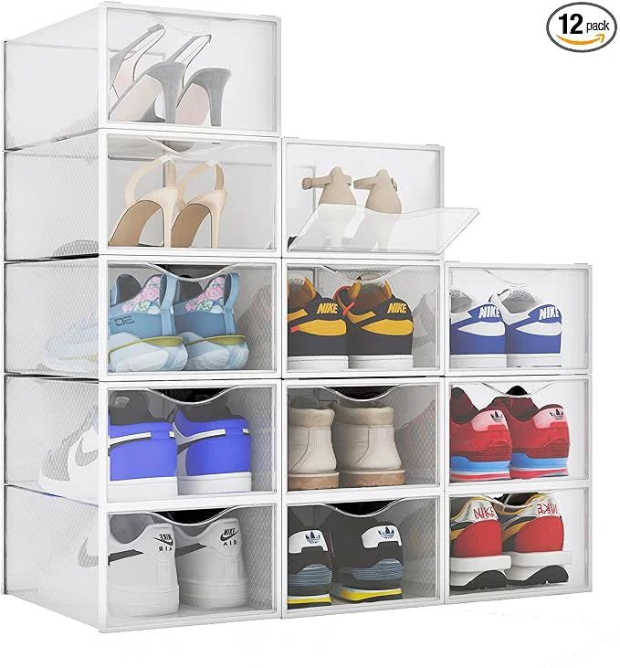 Elegant BINO 12-Pack Plastic Stackable Shoe Box Set – Clear Foldable Shoe Storage Container Sneaker Bins Shoe Rack Box Transparent Portable Stacking Shoe Boxes Front OpenAbout ThisOverview Long-Lasting
