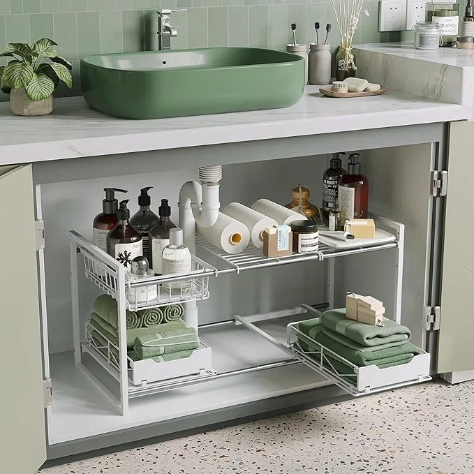 Elite Under Sink Organizers and Storage Kitchen Cabinet Organizer 2 Tier Under Sink Expandable Shelves，Bathroom Cabinet Organizer with Pull Out Drawers 30.9-31.64 W x 14.69 D x 15.83 H WhiteAbout ThisOverview Green
