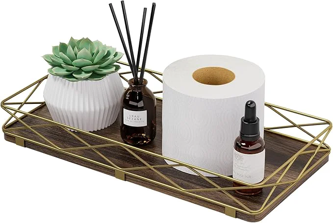 Recyclable Toilet Paper Basket Holder 13 Toilet Tank Tray Wood and Metal Toilet Tray Vanity Organizer Bathroom Tray Kitchen Sink Organizer for Soap Dispenser Brown Gold About ThisOverview Proven