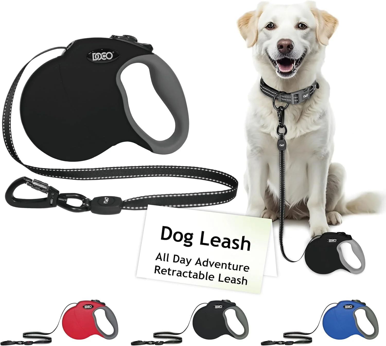 Superior DOCO Retractable Dog Leash for Large Dogs Length – 16 Weight – Upto 45lb Reflective Tape Lead with Stop and Lock Control Tangle 360° Swivel Snap Anti-Slip Grip Black Medium Refined
