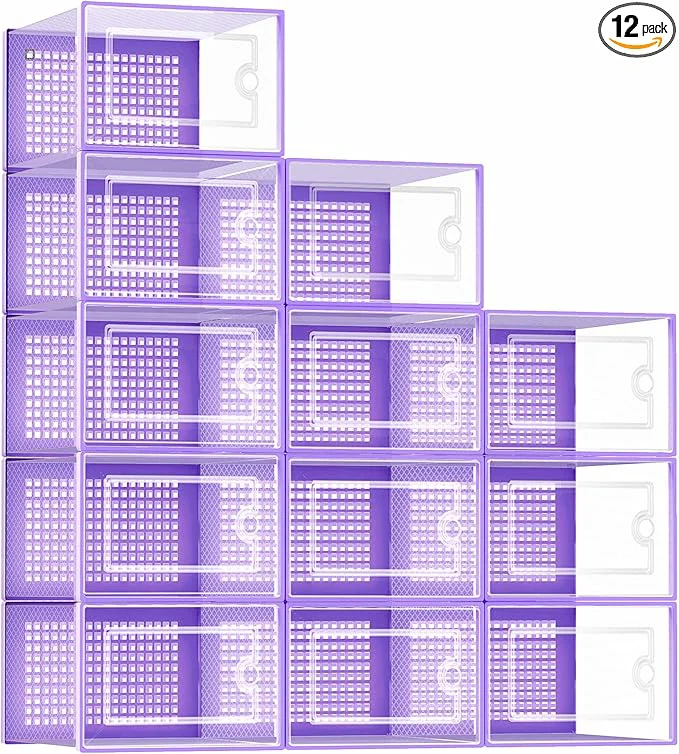 Functional Kuject Shoe Organizers Storage Boxes for Closet 12 Pack Clear Plastic Stackable Storage Bins with Lids Under Bed Shoe Containers for Entryway Drop Front Fit up to Women’s Size 10 PurpleAbout ThisOverview Minimalist