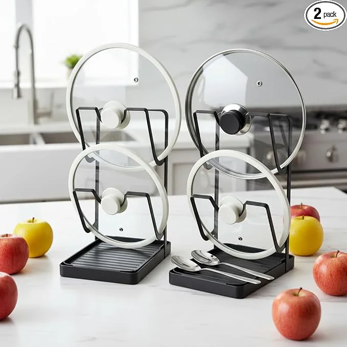 Smooth Stainless Steel Kitchen Pot Lid Storage Rack Pot Lid Holder While Cooking Multifunctional Pot Lid Organizer with Removable Drip Tray Spoon Rest Waterproof Rustproof Grey 2Pack About ThisOverview Premium