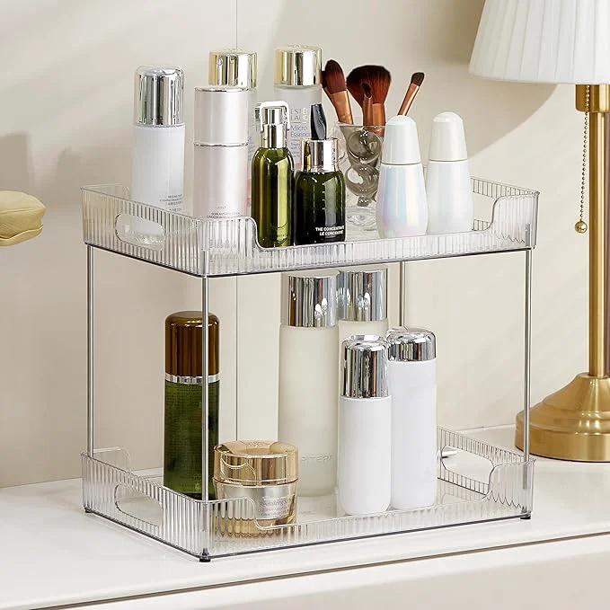 Top-Quality 2-Tier Bathroom Counter Organizer Multi-Purpose Cosmetics Skincare Shelf Fits A4 Size Makeup Organizer for Office and Vanity Tray Countertop Storage Solution for Kitchen Bath. Clear About ThisOverview Certified