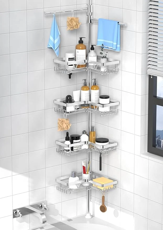 Professional KEGII Shower Caddy Tension Pole with 2 Towel Bars Adjustable Corner Bathroom Organizer Rustproof Bathtub Storage Shelves for Shampoo 25–114.2 Inch Shower Rack for Renters FamilyAbout ThisOverview Classic