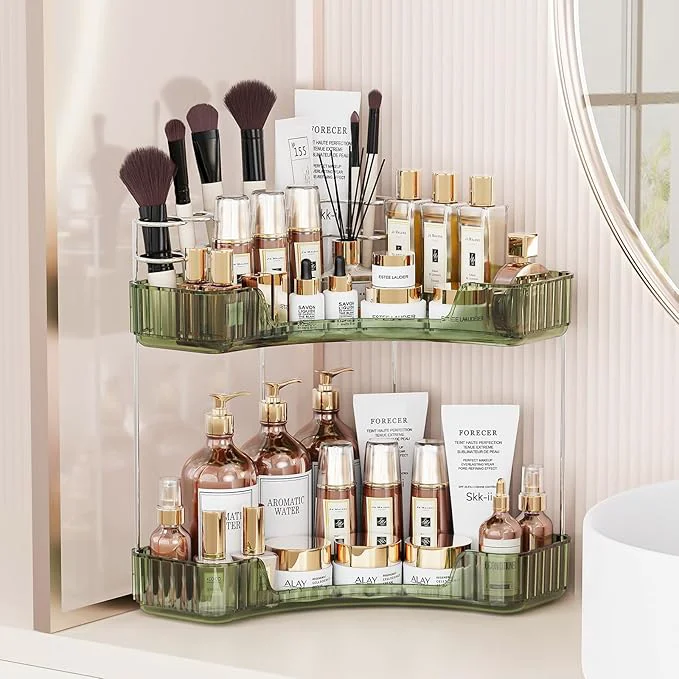 Enhanced 2-Tier Corner Bathroom Counter Organizer with Top Toothbrush Holders Large Makeup Organizer Countertop with Brush Holder Skincare Organizers Corner Exquisite Vanity Organizer Green 2 Tier About ThisOverview Consistent
