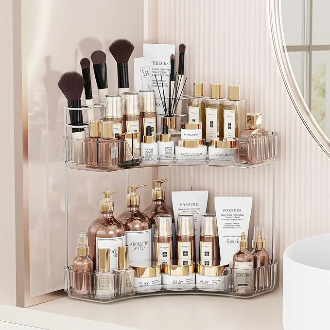 Contemporary 2-Tier Corner Bathroom Counter Organizer with Top Toothbrush Holders Large Makeup Organizer Countertop with Brush Holder Skincare Organizers Corner Exquisite Vanity Organizer Clear 2 Tier About ThisOverview Enhanced