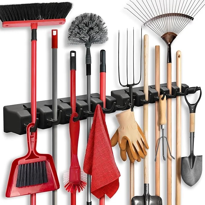 Powerful 2 Pack Mop and Broom Holder Wall Mount – Garage Storage Organizer with 5 Slots 6 Hooks 7.5lbs Capacity Per Slot – Home Kitchen Closet Laundry Room Organization – Black Broom HangerAbout ThisOverview Premium