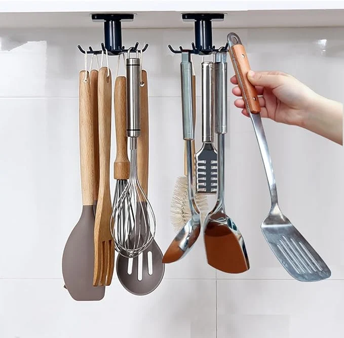 Stylish 2pcs 360 °Rotation Utility Hooks Under Cabinet Kitchen Hooks Storage Shelf rv Must Haves Nail Adhesive Kitchen Utensils Hanging Hooks for Kitchen Utensils Tools Towel Knife Black About ThisOverview Prestigious