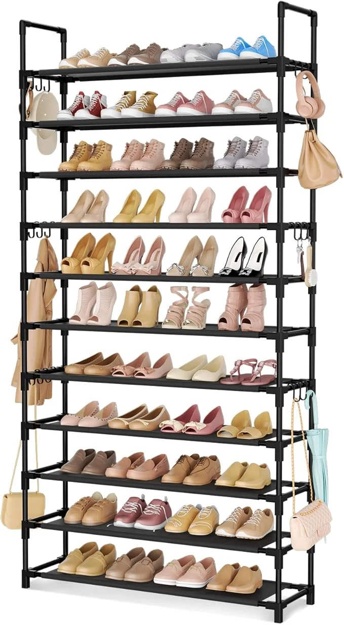 Expertly Made LANTEFUL 11 Tiers Tall Shoe Rack Holds 55 Pairs of Shoes with 18pcs Hooks Sturdy Wide Shoe Organizer Storage Standing Metal Shoe Shelf for Closet Entryway BlackAbout ThisOverview Verified