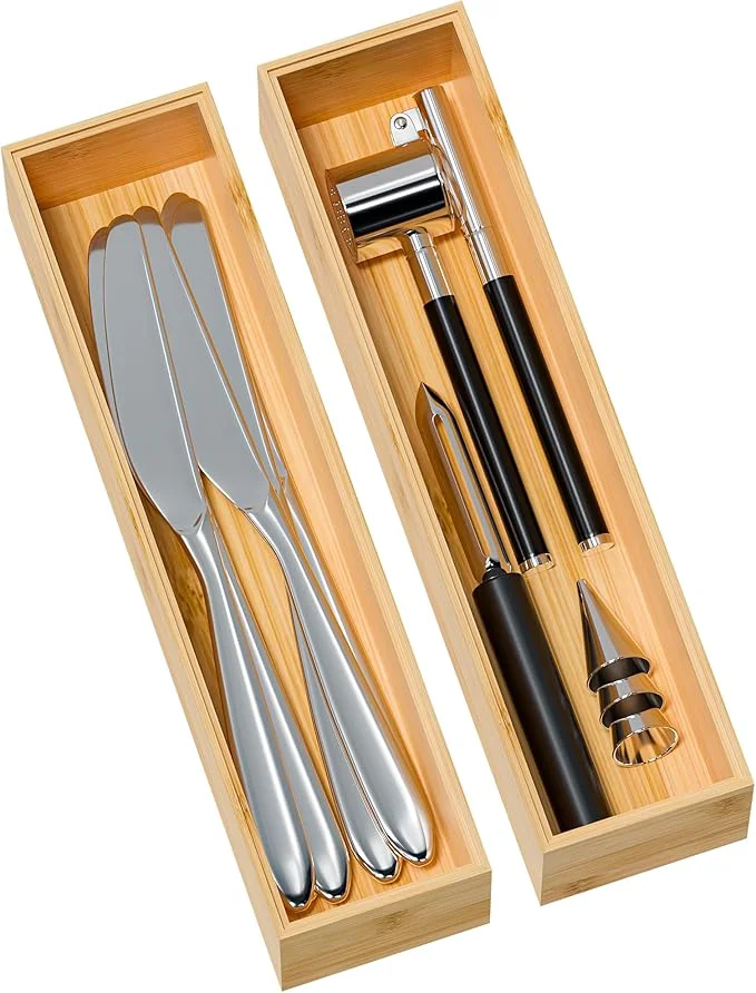 Premium Kitchen Drawer Organizer Bins Stackable Bamboo Deep Drawer Organizer for Silverware Utensils Cutlery Flatware Junk Drawer Dresser Bathroom 12 x 3 x 2.5 Set of 2 About ThisOverview Fine