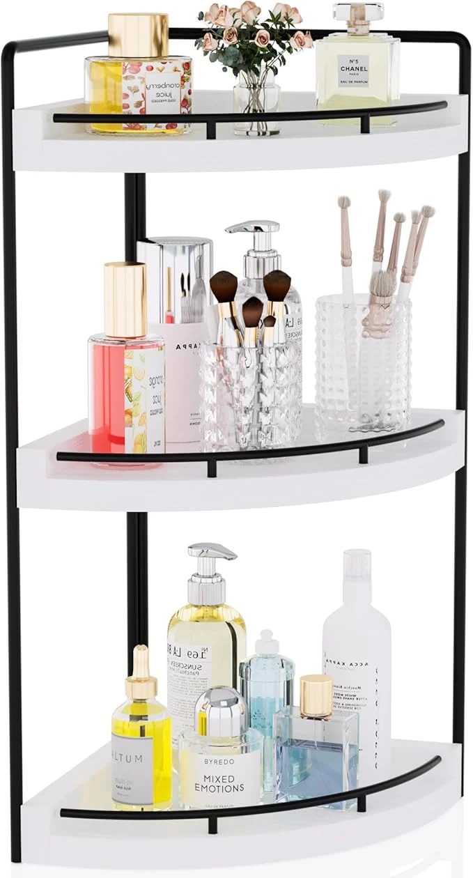 Contemporary Corner Bathroom Counter Organizer 3 Tier Bathroom Sink Shelf Countertop Wood Vanity Skincare Storage for Toiletries Decor Makeup Dresser White About ThisOverview Effective