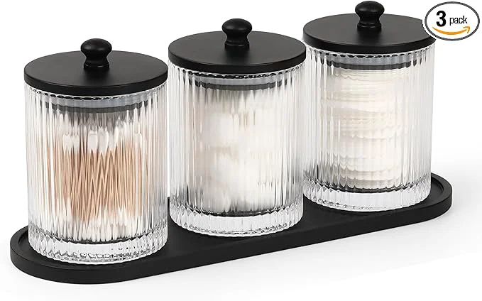 Fashionable 3 Pack Qtip Holder – Bathroom Organizers and Storage Cotton Round Holder Floss Pick Cotton Ball Swab Holder with Tray Glass Apothecary Jars with Lids Container Set -sw clear bAbout ThisOverview Convenient