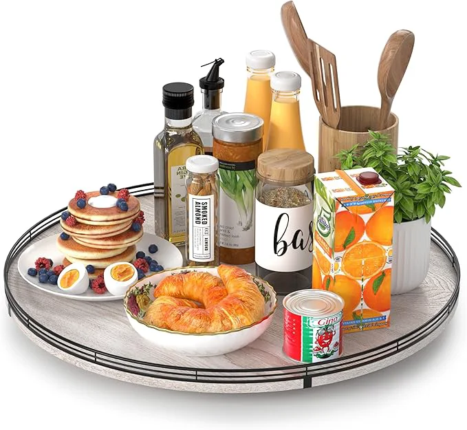 Lightweight 21 Lazy Susan Wood Turntable Organizer for Kitchen Decor Farmhouse Round Wooden Lazy Susan Organization and Storage for Cabinet Dining Table Bathroom Countertop Centerpiece Home Decor WhitewasedAbout ThisOverview Long-Lasting
